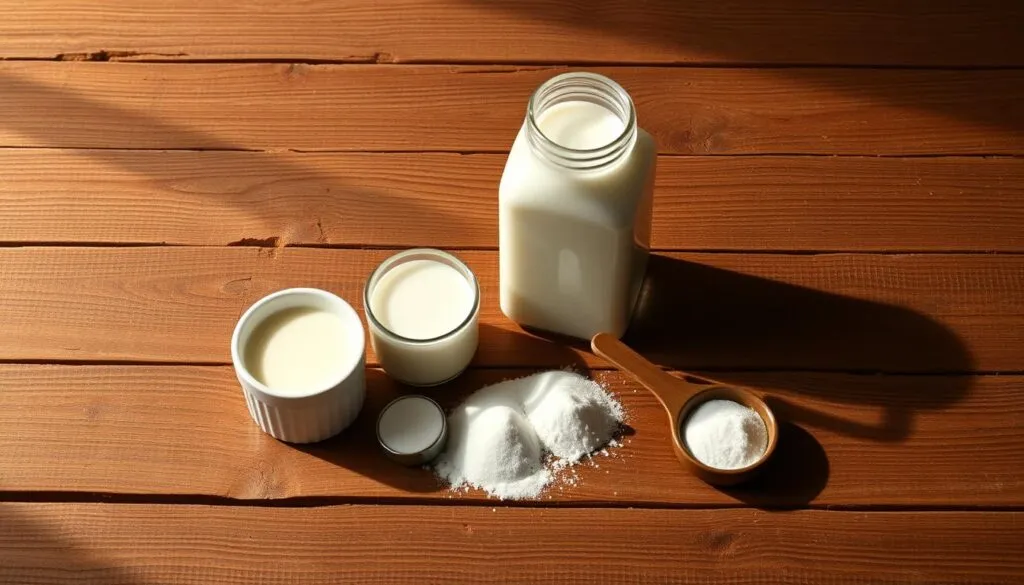 A large wooden table, its surface aged and weathered, serves as the backdrop for a carefully arranged still life. In the foreground, a selection of essential ice cream base ingredients - fresh cream, whole milk, sugar, and vanilla extract - are neatly displayed, their colors and textures inviting the viewer to imagine the smooth, creamy treat that will soon be created. The lighting is soft and natural, casting gentle shadows that accentuate the shapes and details of the ingredients. The overall mood is one of simplicity, artistry, and the promise of a delicious homemade treat.