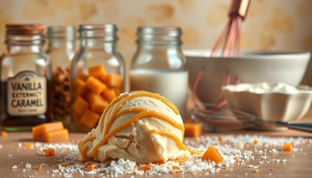 A meticulously arranged still life showcasing the key ingredients for butterscotch ice cream. In the foreground, golden-hued butterscotch swirls and crystallized sugar sit atop a smooth, creamy ice cream scoop. The midground features glass jars filled with aromatic vanilla extract, chewy caramel bits, and rich heavy cream. In the background, a backdrop of warm, buttery tones complements the shiny copper whisk and vintage-inspired ceramic bowl. Soft, directional lighting accentuates the luscious textures and inviting palette, evoking the comforting aroma of homemade butterscotch. Crisp focus and high-resolution details capture every sumptuous detail, inspiring the viewer to dive into the delectable preparation process.