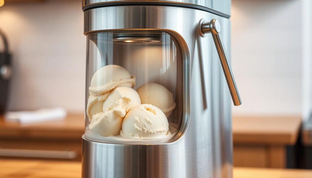 A modern, stainless steel ice cream maker with a brushed metal body and a clear viewing window, standing on a wooden kitchen counter. The machine has a large cylindrical canister that rotates to churn the ice cream mixture, with a sturdy handle on the side. Soft, creamy scoops of soy-based ice cream are visible through the glass, along with the paddle mechanism gently stirring the frozen treat. Warm, directional lighting from above casts a gentle glow, highlighting the smooth, velvety texture of the dairy-free dessert.
