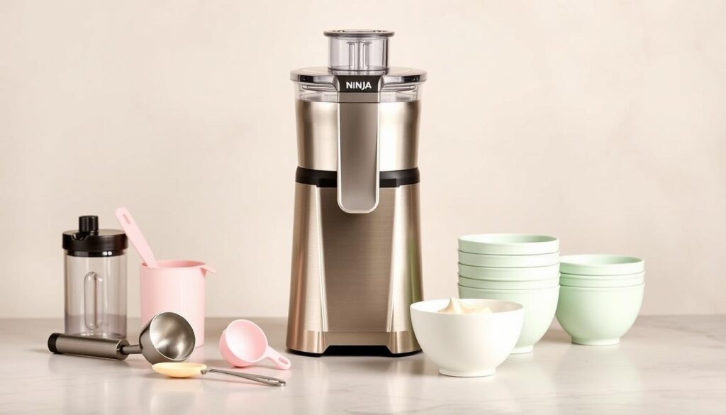 A neatly arranged collection of essential Ninja Creami tools set against a soft, muted background. In the foreground, the Ninja Creami machine takes center stage, its sleek, brushed metal finish gleaming under gentle studio lighting. Surrounding it are various accessories - an ice cream scoop, a measuring cup, a silicone spatula, and a set of reusable Creami bowls, all in complementary pastel shades. The middle ground features a subtly textured surface, perhaps a marble or granite countertop, adding a sense of depth and sophistication. The background is pleasantly blurred, creating a sense of focus on the Creami tools as the stars of the composition. The overall mood is one of simplicity, elegance, and the promise of delicious homemade frozen treats.