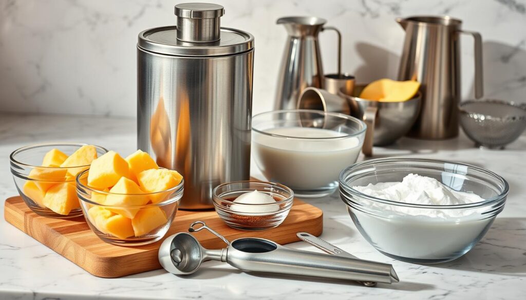 A neatly arranged still life featuring a variety of homemade ice cream ingredients and tools. In the foreground, a stainless steel ice cream maker, with its metal canister and paddle attachment, sits atop a wooden cutting board. Surrounding it are glass bowls filled with fresh cantaloupe chunks, heavy cream, sugar, and vanilla extract. In the middle ground, a vintage ice cream scoop and a zester lay next to a chilled metal mixing bowl. The background showcases a marble countertop, with a sleek metal pitcher and a mesh strainer, conveying a sense of culinary elegance. Warm, natural lighting casts a soft glow over the scene, highlighting the creamy, vibrant colors of the ingredients and the polished surfaces of the tools.