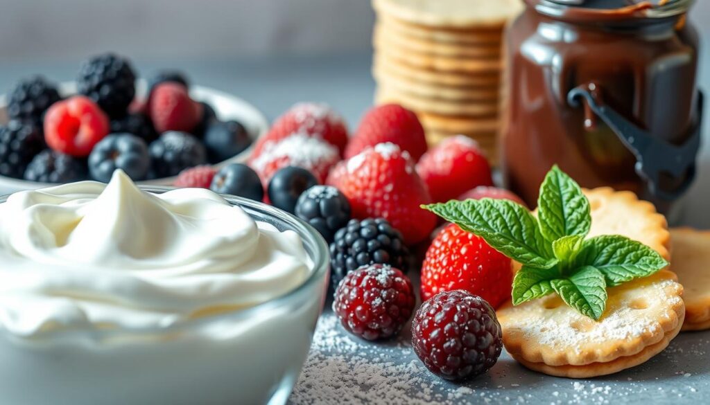 A neatly arranged still life of creamy, indulgent dessert ingredients. In the foreground, a bowl of thick, luscious cream and a dusting of powdered sugar. In the middle ground, ripe, juicy berries in various hues, and a sprig of fresh mint. In the background, a glass jar filled with rich, melted chocolate and a stack of wafer cookies. The scene is illuminated by soft, natural lighting, casting gentle shadows and highlights that accentuate the textures and colors. The overall mood is one of simple elegance and temptation, inviting the viewer to imagine the delectable desserts that could be created with these high-quality, wholesome ingredients.