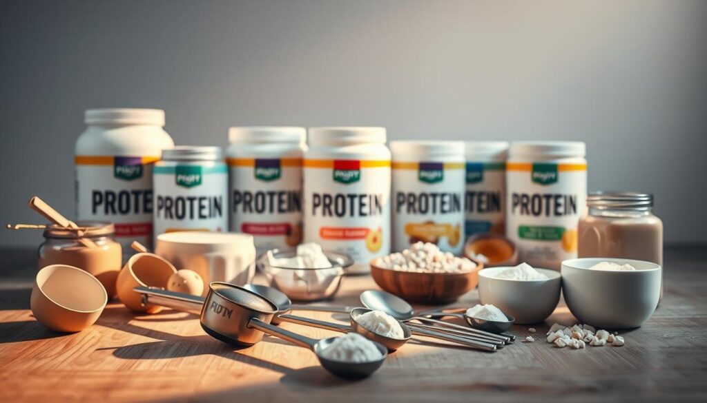 A neatly arranged still life of various protein powder ingredients, bathed in warm, soft lighting. In the foreground, a selection of scoops, measuring cups, and spoons, casting delicate shadows. The middle ground features an assortment of protein powder containers in different flavors, their labels prominently displayed. In the background, a minimalist backdrop, perhaps a wooden surface or a plain gray wall, providing a clean and uncluttered environment. The overall mood is one of simplicity, organization, and a focus on the high-quality, nutritious components that will come together to create a delicious and creamy protein-packed treat.