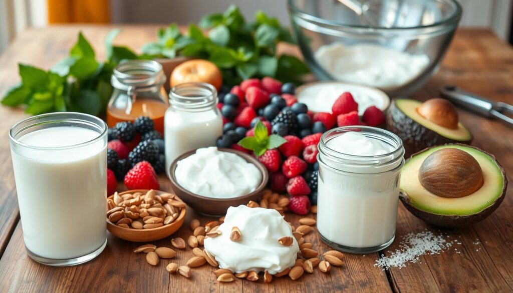 A neatly arranged still life on a rustic wooden table, centered with a variety of essential dairy-free ice cream ingredients. In the foreground, a glass container filled with creamy almond milk, a scoop of coconut cream, and a handful of chopped nuts. In the middle ground, an assortment of fresh berries, a jar of maple syrup, and a ripe avocado. In the background, a bundle of mint leaves, a zester, and a mixing bowl. The scene is bathed in warm, natural lighting, creating a cozy, homemade atmosphere. The overall composition emphasizes the simplicity and quality of the ingredients, inviting the viewer to imagine the delicious dairy-free treat that can be crafted from this selection.