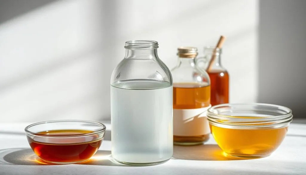 A neatly arranged still life, showcasing a glass jar filled with crystal clear simple syrup, alongside bowls of natural sweeteners like raw honey, maple syrup, and agave nectar. The jars and bowls are set against a soft, muted background, with gentle lighting from the side, creating subtle shadows and highlights that accentuate the textures and colors of the ingredients. The overall mood is one of simple elegance, inviting the viewer to imagine the delicious sorbet that could be created with these versatile sweeteners.