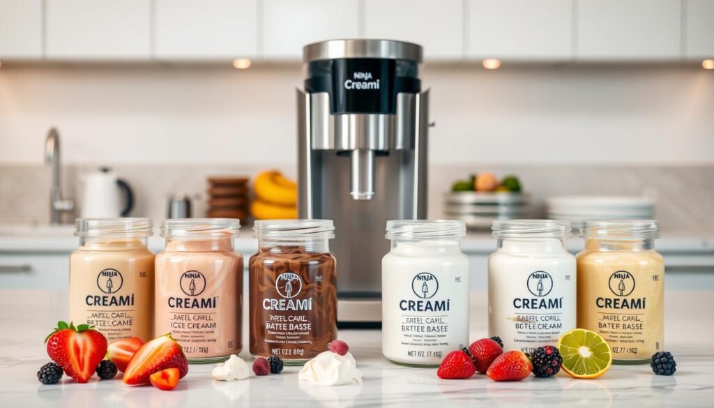 A pristine, well-stocked kitchen counter filled with an array of freshly prepared Ninja Creami ice cream bases. The foreground showcases a tempting selection of flavors, including classic vanilla, rich chocolate, and vibrant fruit varieties. Delicate textures and vibrant colors create an appetizing display, inviting the viewer to imagine the delicious treats that can be crafted with these simple, homemade recipes. In the middle ground, a modern, sleek Ninja Creami machine stands ready, its brushed metal exterior gleaming under soft, even lighting. The background features minimalist, contemporary cabinetry and appliances, conveying a sense of culinary expertise and innovation. The overall scene radiates a mood of effortless sophistication and the promise of homemade indulgence.