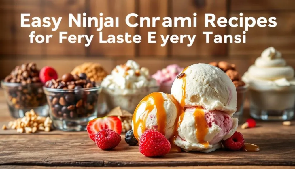 A scrumptious assortment of custom ice cream flavors, meticulously crafted with natural ingredients and presented on a wooden surface. In the foreground, a vibrant scoop of homemade ice cream, its texture creamy and inviting, adorned with fresh berries and a drizzle of caramel sauce. In the middle ground, an array of tempting toppings and mix-ins, from crunchy nuts to colorful sprinkles, arranged with care. The background features a rustic, wood-paneled backdrop, softly lit by warm, natural lighting, evoking a cozy, artisanal ambiance. The overall composition exudes a sense of artisanal craftsmanship and culinary delight, perfectly capturing the essence of "Easy Ninja Creami Recipes for Every Taste".