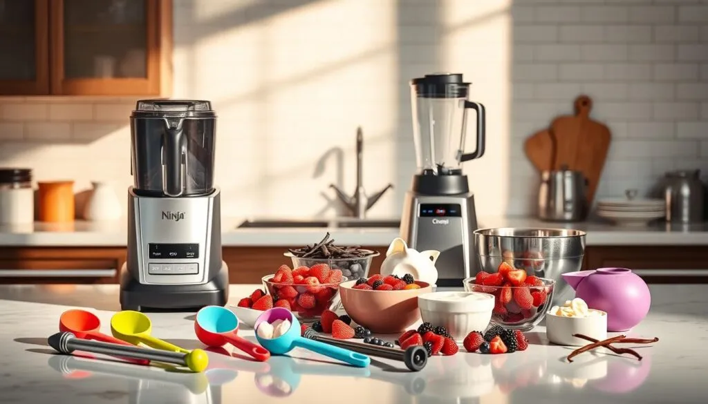 A sleek and modern kitchen counter, bathed in warm, natural lighting. In the foreground, an array of essential Ninja Creami tools - the iconic ice cream maker, a set of colorful and ergonomic scoops, a silky smooth blender, and an assortment of metal and silicone mixing bowls. In the middle ground, an assortment of fresh, vibrant ingredients - ripe berries, creamy dairy products, and fragrant vanilla beans. The background features a minimalist, light-colored tiled wall, creating a clean, inviting atmosphere. The overall scene conveys a sense of culinary precision, creativity, and the promise of delicious homemade ice cream.