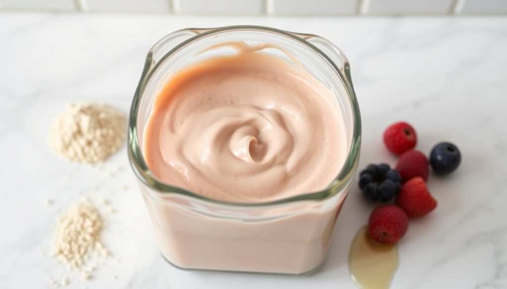 A sleek glass container filled with a creamy, smooth protein shake base, positioned on a clean, minimalist countertop. The mixture features a rich, velvety texture, with a subtle sheen and natural swirls that catch the soft, diffused lighting above. Surrounding the container are a few scattered ingredients, such as a scoop of protein powder, a handful of fresh berries, and a drizzle of honey, hinting at the customizable nature of this versatile base. The overall scene conveys a sense of health, simplicity, and culinary potential, setting the stage for the creation of delectable protein-packed ice cream.