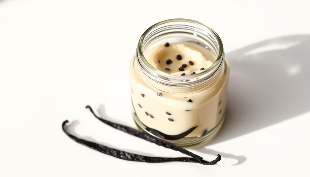 A sleek glass jar filled with glistening vanilla bean paste, its dark specks contrasting against the pale, creamy texture. The jar rests on a clean, white backdrop, illuminated by soft, natural lighting that casts subtle shadows. The focus is sharp, drawing the viewer's attention to the premium vanilla essence, a flavor enhancer that promises to elevate any homemade ice cream or dessert. The overall scene exudes a sense of culinary elegance and attention to detail, befitting the advanced techniques showcased in the "Enhancing Flavor with Advanced Techniques" section of the article.