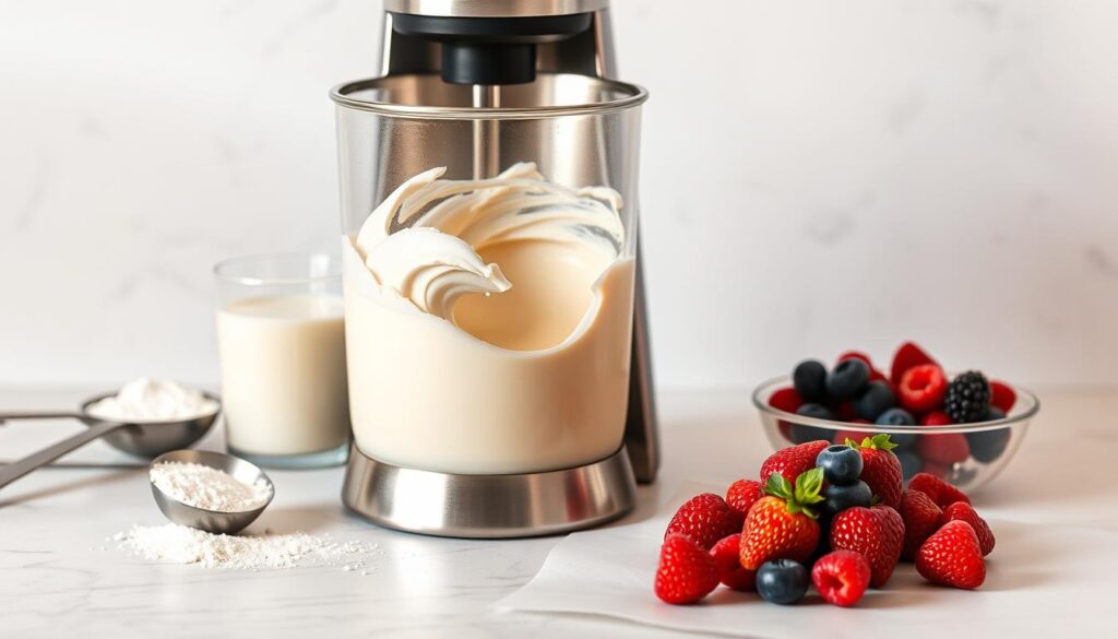 A sleek, minimalist countertop setup with a stainless steel mixing container at the center. The container is partially filled with a swirling blend of creamy, vanilla-infused dairy and protein powder, casting a soft, inviting glow. Surrounding the container are precisely measured ingredients - a scoop of protein powder, a glass of milk, and a handful of fresh berries. The lighting is warm and even, highlighting the smooth textures and natural colors. The composition is balanced, drawing the eye to the mixing process at the heart of the scene. An atmosphere of culinary precision and healthful indulgence pervades the image.