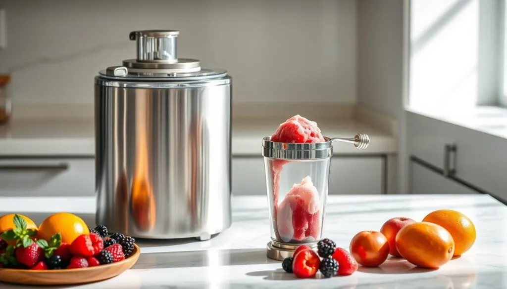 A sleek, minimalist kitchen counter with a stainless steel ice cream maker, its chrome parts gleaming under soft, natural lighting. Beside it, a metal sorbetière, its hand-cranked mechanism ready to transform fresh fruit purée into silky-smooth sorbet. Nearby, a set of colorful, ripe berries and citrus fruits, their vibrant hues and glistening textures hinting at the flavorful treats to come. The scene exudes a sense of effortless sophistication, inviting the viewer to imagine the delightful process of crafting homemade sorbet.