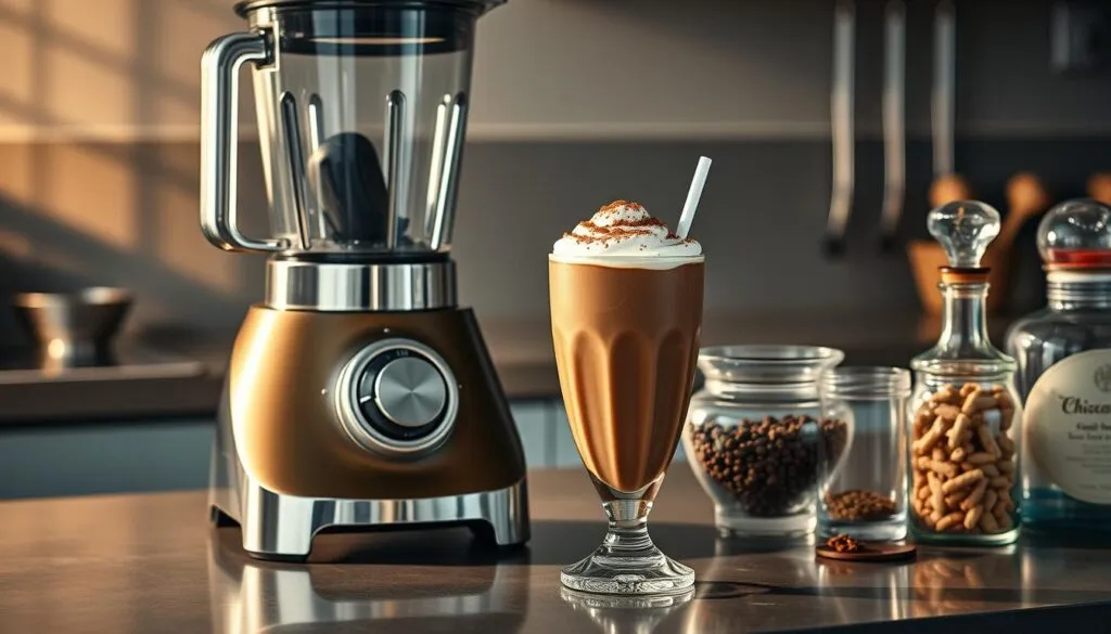 A sleek, modern kitchen counter showcases a powerful blender and an array of milkshake-making equipment. The blender's chrome exterior gleams under warm, directional lighting, casting subtle shadows across the stainless steel jug and blades. Beside it, a tall glass filled with a swirling, creamy chocolate milkshake topped with a dollop of whipped cream and a sprinkle of cocoa powder. Elegant glass containers hold various toppings and garnishes, hinting at the endless flavor possibilities. The scene exudes a sense of culinary expertise and sophisticated indulgence, perfectly capturing the spirit of crafting the ultimate chocolate milkshake.