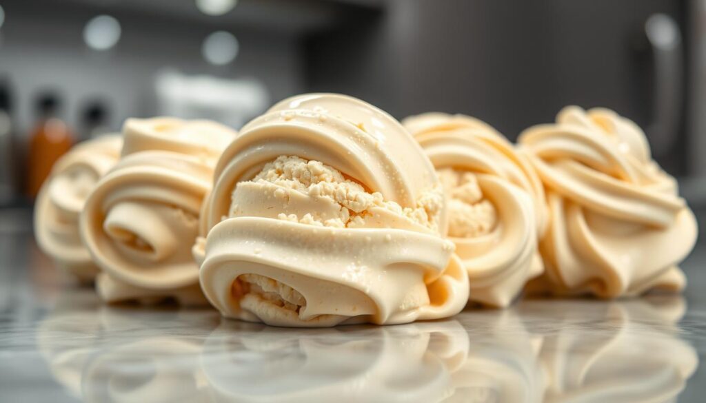 A sleek, modern kitchen counter showcases a row of protein-rich ice cream scoops. The creamy texture is captured in close-up, with intricate swirls and ribbons of protein-infused custard. Soft, even lighting highlights the sheen of the frozen dessert, drawing the eye to its decadent, high-protein composition. The background is blurred, keeping the focus on the artful, technical display of this healthy treat. The overall mood is one of culinary mastery, where nutrition and indulgence seamlessly merge.