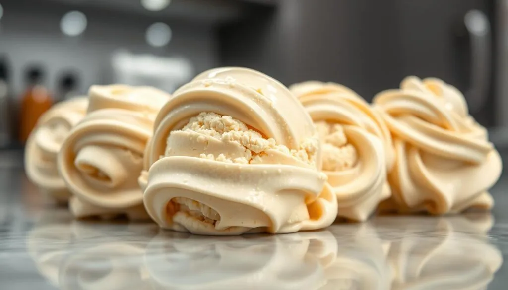A sleek, modern kitchen counter showcases a row of protein-rich ice cream scoops. The creamy texture is captured in close-up, with intricate swirls and ribbons of protein-infused custard. Soft, even lighting highlights the sheen of the frozen dessert, drawing the eye to its decadent, high-protein composition. The background is blurred, keeping the focus on the artful, technical display of this healthy treat. The overall mood is one of culinary mastery, where nutrition and indulgence seamlessly merge. A sleek, modern kitchen counter showcases a row of protein-rich ice cream scoops. The creamy texture is captured in close-up, with intricate swirls and ribbons of protein-infused custard. Soft, even lighting highlights the sheen of the frozen dessert, drawing the eye to its decadent, high-protein composition. The background is blurred, keeping the focus on the artful, technical display of this healthy treat. The overall mood is one of culinary mastery, where nutrition and indulgence seamlessly merge.