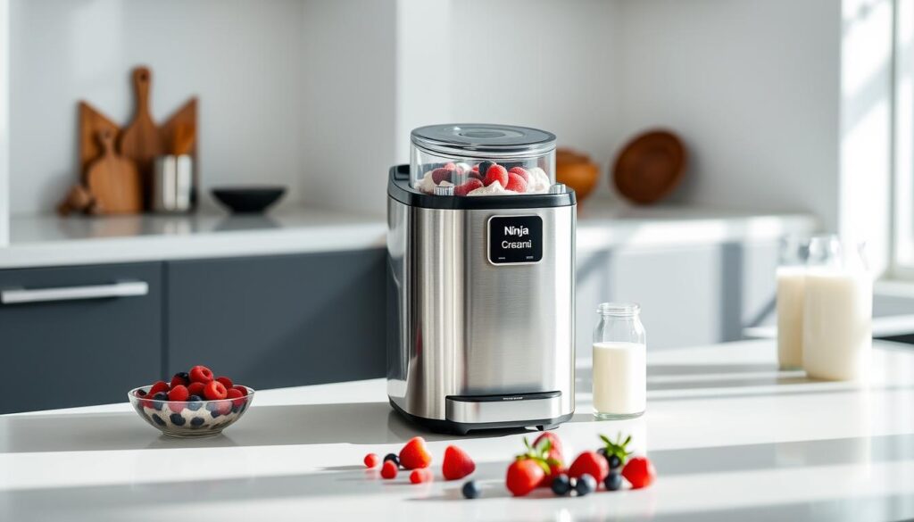 A sleek, modern kitchen counter showcases the Ninja Creami, a compact and versatile ice cream maker. Shiny stainless steel gleams under bright, diffused lighting, casting subtle shadows that accentuate the machine's streamlined silhouette. On the counter, an array of fresh ingredients - ripe berries, rich chocolate, and creamy milk - stand ready to be transformed into delectable frozen treats. The Creami's intuitive control panel and transparent lid invite the viewer to imagine the magic of homemade ice cream, sorbet, and gelato unfolding within. The scene conveys a sense of culinary experimentation and the joy of creating personalized, artisanal desserts in the comfort of one's own kitchen.