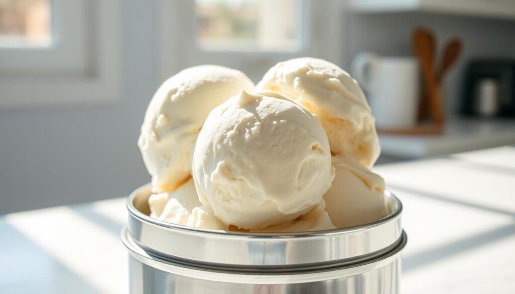 A smooth, creamy vanilla ice cream base with a rich, indulgent texture. Pristine white scoops sit atop a gleaming stainless steel ice cream maker, casting soft shadows on the bright, clean countertop. Sunlight streams in through a nearby window, creating a warm, inviting atmosphere. The lighting is soft and natural, gently highlighting the luxurious creaminess of the ice cream. The composition is clean and minimalist, allowing the simplicity and elegance of the classic vanilla flavor to shine.