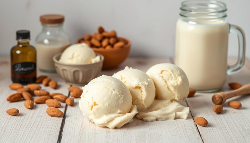 A step-by-step recipe for homemade almond milk ice cream, presented on a wooden table with a clean, minimalist background. The ice cream scoops are arranged neatly, showcasing their smooth, creamy texture. Surrounding the ice cream are various ingredients used in the recipe, such as almonds, vanilla extract, and a mason jar filled with almond milk. The lighting is soft and natural, highlighting the rich, ivory color of the ice cream. The overall scene conveys a sense of simplicity, elegance, and the homemade, artisanal nature of the dessert.