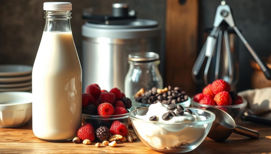 A stylized close-up photograph of essential ingredients and tools for homemade ice cream. In the foreground, an array of fresh dairy products - heavy cream, whole milk, and sweetened condensed milk. In the middle ground, various mix-ins like fresh berries, chopped nuts, and chocolate chips. In the background, an ice cream maker, a hand-held mixer, and a set of metal scoops. The scene is bathed in warm, natural lighting, creating a cozy, artisanal atmosphere. The focus is sharp, and the composition is balanced, highlighting the rich textures and vibrant colors of the ingredients and tools.