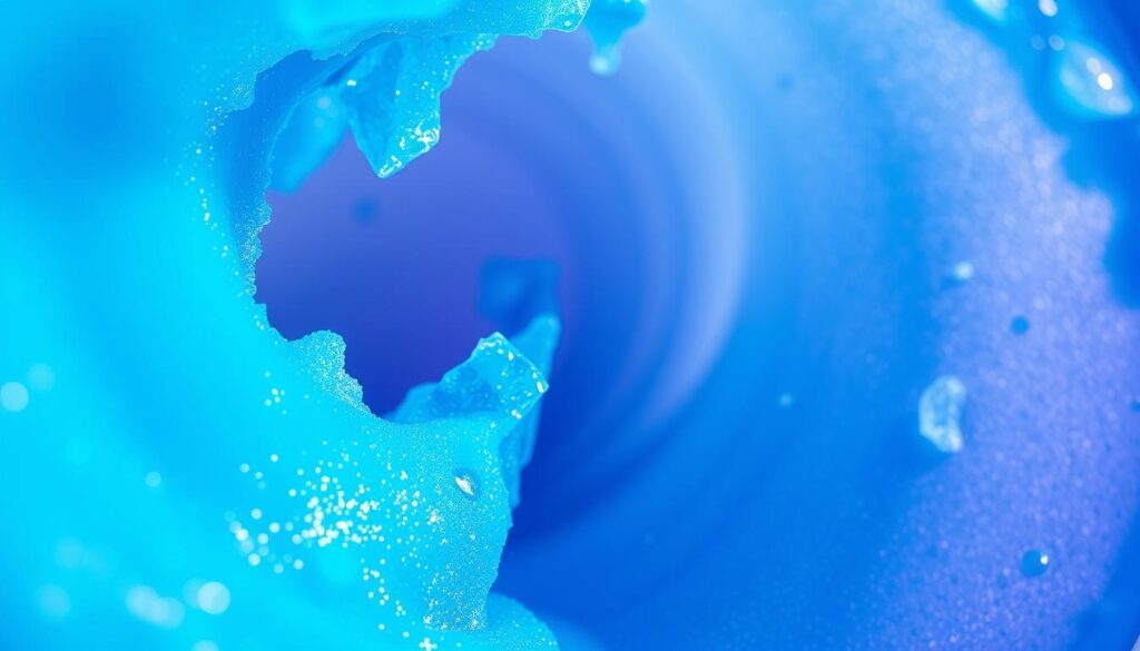 A swirling, vibrant vortex of electric blue hues, conveying the icy, refreshing essence of a classic blue raspberry slushie. The foreground showcases the translucent, shimmering texture of the frozen beverage, its glossy surface catching the light and casting a mesmerizing glow. In the middle ground, ice crystals glitter and dance, creating a sense of movement and chill. The background fades into a soft, gradient of complementary tones, evoking the cool, refreshing atmosphere. Crisp, directional lighting from the side accentuates the depth and dimensionality of the scene, while a shallow depth of field keeps the focus on the alluring, frosty core of the blue slushie experience.