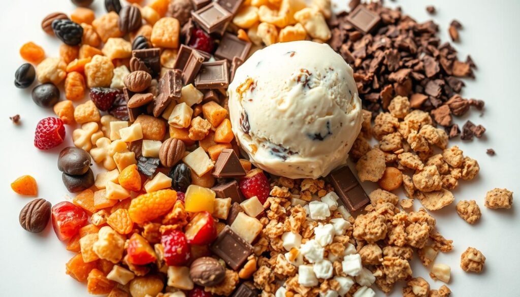A vibrant, appetizing arrangement of various vegan mix-in ideas for a creamy, dairy-free soy ice cream. In the foreground, an assortment of fresh, colorful ingredients including chopped nuts, dried fruit, chocolate shavings, and crumbled cookie pieces. The middle ground showcases a scoop of rich, smooth soy ice cream, ready to be customized with the tempting toppings. The background features a minimal, white backdrop, allowing the textures and hues of the mix-ins to take center stage. Soft, natural lighting casts a warm, inviting glow over the scene, highlighting the delectable possibilities for enhancing a simple soy-based frozen treat.