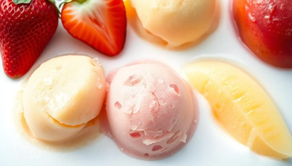 A vibrant arrangement of freshly frozen fruit sorbets, artfully presented against a crisp white background. The luscious scoops glisten with a natural sheen, showcasing the vibrant hues of ripe strawberries, tangy mangoes, and sweet honeydew. Delicate ice crystals cling to the edges, hinting at the refreshing, icy texture within. The scene is bathed in soft, natural lighting, accentuating the smooth, creamy consistency of the sorbets. The overall composition exudes a sense of purity, simplicity, and the essence of summer's bounty, perfectly capturing the essence of selecting the perfect fruits for a delectable fruit sorbet.