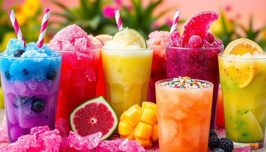 A vibrant assortment of customized slushie variations, their colors swirling and blending together in a captivating display. In the foreground, a classic blue raspberry slushie, its icy texture topped with a dusting of crushed berries and a playful, striped straw. Surrounding it, an array of tempting alternatives - a lime-green, fizzy lime slushie, a deep purple blackberry blend, and a sunset-hued peach and mango creation. The middle ground features an array of mix-in ingredients, from fresh fruit chunks to herbal syrups and whimsical sprinkles. The background evokes a lively, sun-drenched outdoor setting, with a backdrop of lush greenery and a hint of a vibrant, pastel-toned sky. Soft, diffused lighting casts a warm, inviting glow over the scene, capturing the refreshing, summertime essence of these customizable slushie delights.