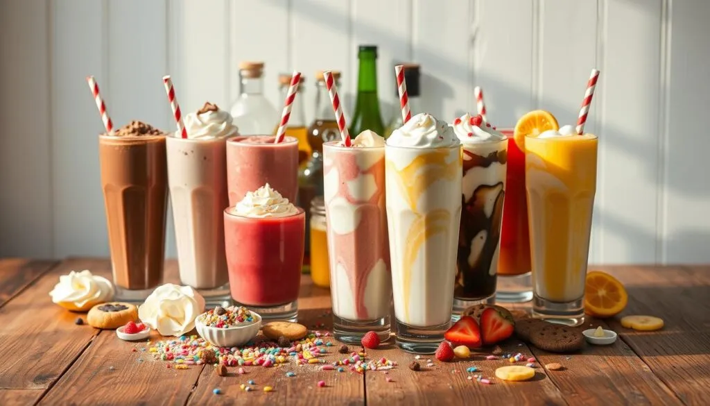 A vibrant assortment of milkshake flavors arranged on a rustic wooden table, illuminated by warm, natural lighting. In the foreground, tall glasses filled with rich, creamy shakes in various hues - chocolate, strawberry, vanilla, and a vibrant, swirling banana-based shake. Scattered around the glasses, an array of colorful toppings and additions, such as whipped cream, sprinkles, crushed cookies, and fresh fruit slices. In the middle ground, a selection of glass bottles and jars containing syrups, extracts, and other flavor enhancers. The background features a minimalist, white-washed backdrop, allowing the vibrant shakes and toppings to take center stage, creating an appetizing and visually enticing composition. A vibrant assortment of milkshake flavors arranged on a rustic wooden table, illuminated by warm, natural lighting. In the foreground, tall glasses filled with rich, creamy shakes in various hues - chocolate, strawberry, vanilla, and a vibrant, swirling banana-based shake. Scattered around the glasses, an array of colorful toppings and additions, such as whipped cream, sprinkles, crushed cookies, and fresh fruit slices. In the middle ground, a selection of glass bottles and jars containing syrups, extracts, and other flavor enhancers. The background features a minimalist, white-washed backdrop, allowing the vibrant shakes and toppings to take center stage, creating an appetizing and visually enticing composition.