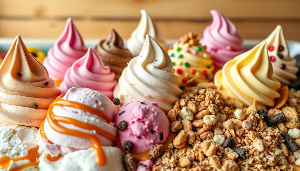 A vibrant display of ice cream scoops in a variety of creative flavors and textures. In the foreground, a selection of bold and inventive ice cream variations, including swirls of cake batter, ribbons of caramel, and sprinkles of crushed cookies. The middle ground features a range of toppings and mix-ins, from chopped nuts to colorful fruit compotes, all arranged artfully. The background suggests a rustic, artisanal ice cream parlor setting, with wooden surfaces and a hint of natural light filtering in. The overall mood is one of playful experimentation and a celebration of the endless possibilities in ice cream customization.