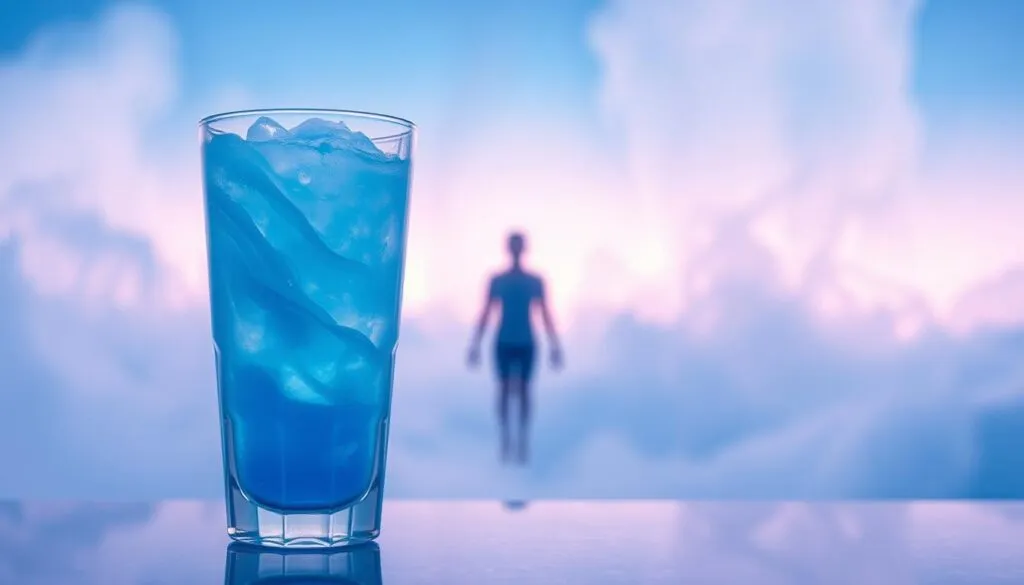 A vibrant, ethereal scene capturing the effects of a blue slushie on the mind and body. In the foreground, a translucent, crystalline glass filled with a swirling, neon-blue slushie beverage, its icy coolness radiating a calming, mesmerizing glow. Surrounding the glass, a soft, hazy aura of azure-tinted energy pulses and flows, visually representing the slushie's cooling and refreshing influence on the senses. In the middle ground, a human figure appears to levitate, their expression serene and tranquil, as if the icy treat has unlocked a state of deep mental clarity and physical rejuvenation. The background fades into a dreamlike, abstract landscape of shimmering blues and purples, further enhancing the sense of tranquility and mental focus evoked by the slushie's effects.