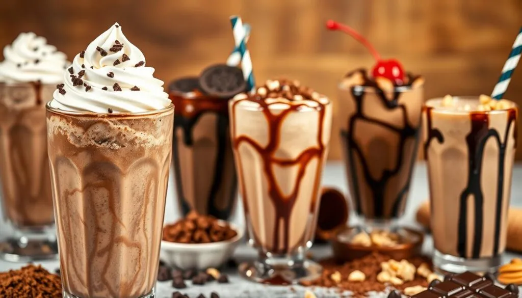 A vibrant, mouthwatering scene of various chocolate milkshake variations. In the foreground, a classic chocolate milkshake with a thick, creamy texture and a swirl of whipped cream on top. Surrounding it, an assortment of customized shakes - one with crushed Oreo cookies, another with a drizzle of caramel sauce, and a third adorned with shaved chocolate and a cherry. The middle ground features a variety of fresh ingredients like cocoa powder, chocolate syrup, and chopped nuts, hinting at the endless possibilities for personalization. The background is softly blurred, creating a focused, appetizing composition bathed in warm, inviting lighting, capturing the essence of indulgence and experimentation in the art of chocolate milkshake-making.