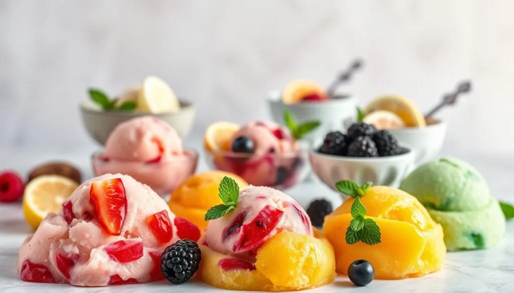 A vibrant still life showcasing an array of creative sorbet flavor combinations. In the foreground, a selection of artfully crafted sorbets in pastel hues, each scoop a unique blend of fresh, seasonal fruits. Raspberry and lemon, mango and lime, blackberry and mint swirl together in a visually captivating display. The middle ground features stylishly arranged serving dishes, spoons, and garnishes that complement the sorbet colors. In the background, a soft, diffused light illuminates the scene, creating a dreamy, inviting atmosphere. The overall composition evokes a sense of artisanal craftsmanship, culinary innovation, and the refreshing, vibrant flavors of summer.