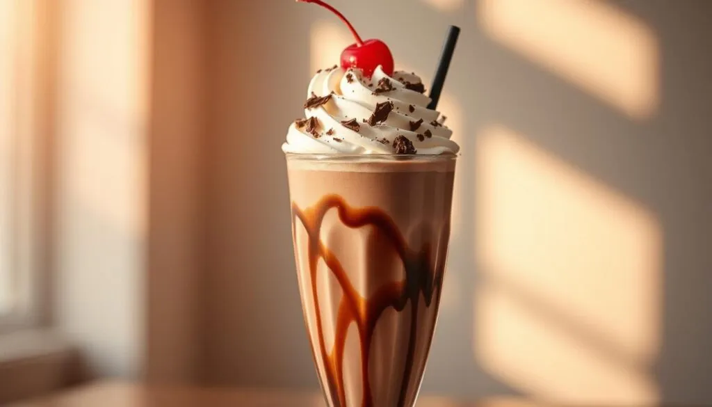 A visually appealing, elegantly styled chocolate milkshake served in a tall glass, garnished with a generous swirl of whipped cream, shaved chocolate, and a cherry on top. The milkshake has a rich, creamy texture and a deep, indulgent chocolate flavor. The glass is set against a softly blurred, minimalist background, allowing the milkshake to be the focal point. Warm, natural lighting from the side casts a gentle glow, creating a cozy, inviting atmosphere. The overall presentation is both appetizing and visually captivating, inspiring the viewer to indulge in this delectable treat.