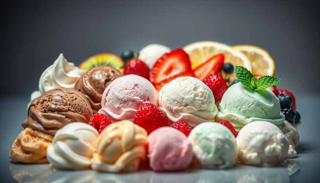 A visually striking arrangement of frozen dessert flavors, captured in a bright and enticing composition. In the foreground, an array of colorful scoops in a variety of hues - creamy vanilla, rich chocolate, tangy raspberry, and refreshing mint - all glistening under crisp, directional lighting. The middle ground features an assortment of fresh fruit slices, including juicy strawberries, vibrant kiwi, and tangy lemon, creating a harmonious blend of textures and flavors. The background showcases a sleek, modern setting with a smooth, reflective surface, amplifying the visual appeal and emphasizing the depth and complexity of the frozen dessert variations. The overall mood is one of temptation and culinary exploration, inviting the viewer to indulge in the endless possibilities of customizing frozen treats.