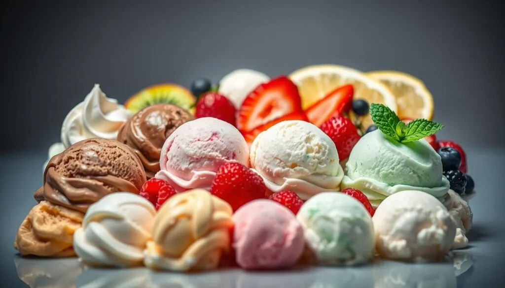 A visually striking arrangement of frozen dessert flavors, captured in a bright and enticing composition. In the foreground, an array of colorful scoops in a variety of hues - creamy vanilla, rich chocolate, tangy raspberry, and refreshing mint - all glistening under crisp, directional lighting. The middle ground features an assortment of fresh fruit slices, including juicy strawberries, vibrant kiwi, and tangy lemon, creating a harmonious blend of textures and flavors. The background showcases a sleek, modern setting with a smooth, reflective surface, amplifying the visual appeal and emphasizing the depth and complexity of the frozen dessert variations. The overall mood is one of temptation and culinary exploration, inviting the viewer to indulge in the endless possibilities of customizing frozen treats.