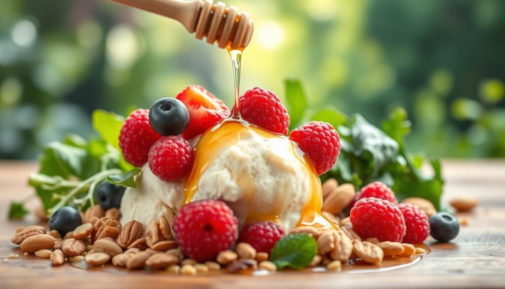 A visually striking image of a delicious and nutritious frozen dessert, showcasing its healthy benefits. In the foreground, a tempting scoop of creamy, protein-rich ice cream, topped with vibrant fresh berries and a drizzle of honey. The middle ground features an array of wholesome ingredients such as nuts, seeds, and leafy greens, arranged artfully. The background depicts a serene, natural setting with lush greenery and soft, diffused lighting, conveying a sense of wellness and vitality. The overall mood is one of indulgence and health, inviting the viewer to savor the delightful treat while appreciating its nutritional value.