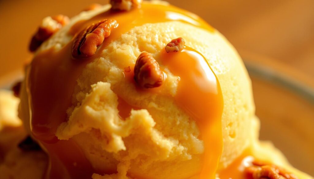 A warm, amber-toned close-up of a creamy, luscious scoop of butterscotch ice cream, glistening with a light sheen. The ice cream is topped with a sprinkling of crushed pecans and a drizzle of thick, caramelized butterscotch sauce, creating a harmonious balance of sweet, salty, and nutty flavors. The scene is lit by soft, golden lighting, casting gentle shadows and highlights that accentuate the rich, velvety texture of the ice cream. The background is slightly blurred, drawing the viewer's focus to the central, tempting frozen treat. This image evokes the comforting and indulgent essence of classic butterscotch ice cream.