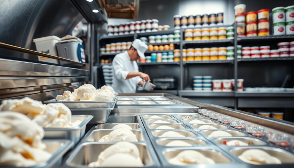 A well-lit commercial kitchen setting, featuring a stainless steel freezer in the foreground. Inside the freezer, various containers and trays are neatly arranged, showcasing different stages of ice cream preparation - from freshly churned batches to partially frozen treats. The middle ground depicts a chef in a crisp white uniform, carefully measuring and portioning ingredients, with a focus on attention to detail. In the background, shelves filled with an array of colorful, labeled containers suggest a well-organized system for storing and categorizing frozen desserts. The overall scene conveys a sense of precision, efficiency, and a commitment to mastering the art of homemade ice cream making.