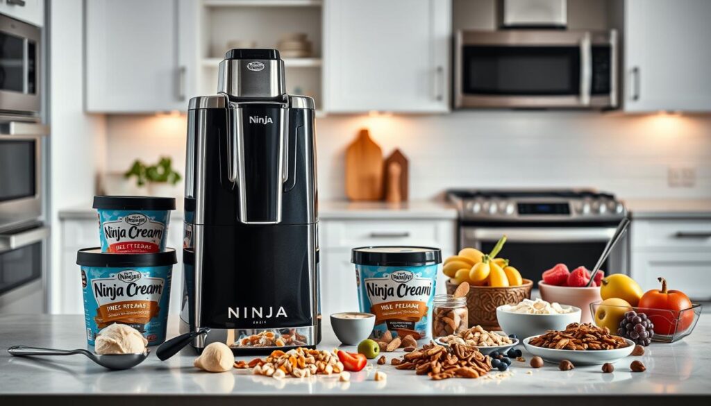 A well-lit, high-resolution image depicting the essential equipment for the Ninja Creami protein ice cream maker. In the foreground, the Ninja Creami machine takes center stage, its sleek black and chrome finish gleaming. Surrounding it are key accessories - a selection of ice cream tubs in various flavors, a sturdy spatula for scooping, and a stylish spoon for serving. In the middle ground, a variety of fresh fruit, nuts, and other toppings are arranged, hinting at the customization possibilities. The background features a clean, minimalist kitchen setting, with stainless steel appliances and white cabinetry creating a modern, professional atmosphere. The overall mood is one of excitement and anticipation, inviting the viewer to explore the Ninja Creami's capabilities and create their own delicious, nutritious protein ice cream treats.
