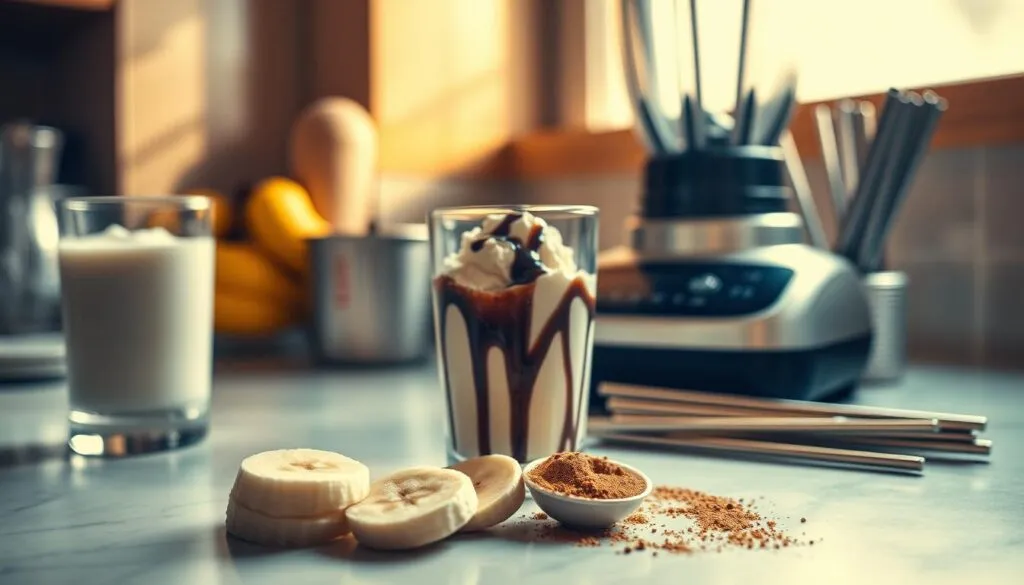A well-lit kitchen counter with an assortment of essential milkshake ingredients arranged in the foreground. In the center, a ripe banana, freshly sliced. Surrounding it, a glass of chilled milk, a scoop of vanilla ice cream, a drizzle of chocolate syrup, and a sprinkle of ground cinnamon. In the background, a sleek blender and a collection of metal straws. The scene is bathed in warm, natural lighting, creating a cozy, inviting atmosphere, perfect for crafting the ultimate banana milkshake. A well-lit kitchen counter with an assortment of essential milkshake ingredients arranged in the foreground. In the center, a ripe banana, freshly sliced. Surrounding it, a glass of chilled milk, a scoop of vanilla ice cream, a drizzle of chocolate syrup, and a sprinkle of ground cinnamon. In the background, a sleek blender and a collection of metal straws. The scene is bathed in warm, natural lighting, creating a cozy, inviting atmosphere, perfect for crafting the ultimate banana milkshake.