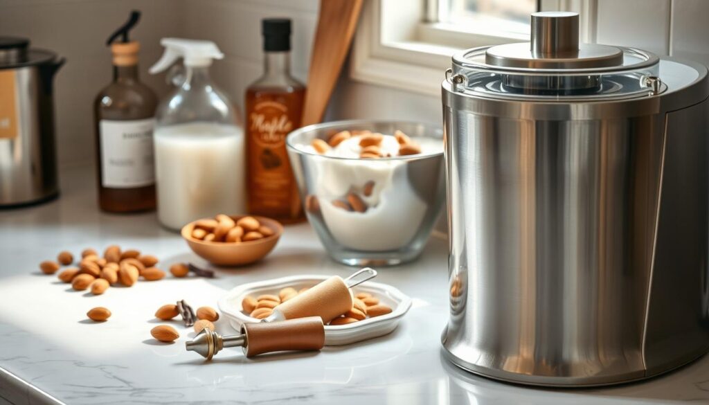 A well-lit kitchen countertop, with a shiny stainless steel bowl filled with freshly blended almond milk. Beside it, a selection of ingredients - plump almonds, a vanilla bean, a maple syrup bottle, and a citrus zester. In the foreground, a sleek ice cream maker stands ready, its silver body reflecting the soft, natural lighting. The atmosphere is calm and inviting, with a sense of culinary precision and attention to detail, setting the stage for the creation of a delectable almond milk ice cream.