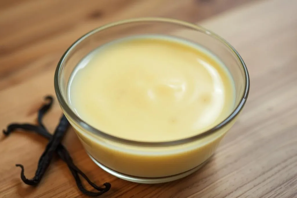 Classic vanilla custard in a glass serving dish with a vanilla bean on the side