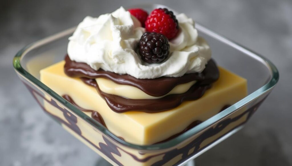 Layered dessert recipe steps: A delectable arrangement of creamy custard, rich chocolate ganache, and fluffy whipped cream, presented in a sleek glass dish. Captured from a high angle, the image offers a tantalizing glimpse of the preparation process, with carefully stacked layers and a garnish of fresh berries. Soft, natural lighting illuminates the scene, highlighting the textures and inviting the viewer to imagine the flavor. The overall composition conveys a sense of elegance and culinary expertise, perfectly suited to illustrate the "Step-by-Step Recipe Guide" section of the article.