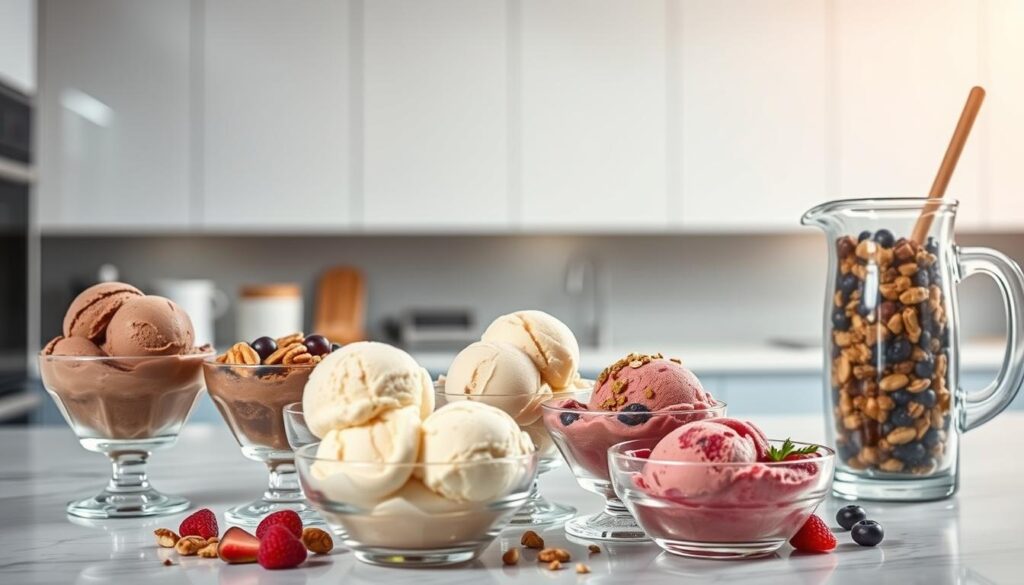 Protein ice cream variations served in a sleek, modern kitchen. A variety of colorful scoops in glass bowls - chocolate, vanilla, and fruity flavors. Overhead lighting casts a soft glow, creating depth and dimension. Glass pitchers filled with protein-rich toppings like nuts, berries, and honey stand ready to be added. The scene has a clean, minimalist aesthetic, showcasing the delicious and nutritious protein-packed treats. A sense of health and indulgence permeates the image, inviting the viewer to imagine crafting their own customized protein ice cream creations.