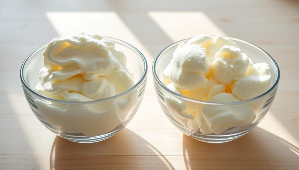 Two clear glass bowls filled with different textures and colors, one with thick, creamy greek yogurt and the other with a soft, fluffy cottage cheese-based ice cream. The bowls are positioned on a clean, minimalist wooden surface, illuminated by soft, natural lighting creating delicate shadows. The camera angle is slightly elevated, providing a clear, unobstructed view of the contrasting dairy-based ingredients. The scene evokes a sense of simplicity and purity, highlighting the unique qualities and nutritional benefits of each base for a protein-rich ice cream.
