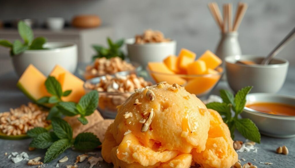 Vibrant assortment of culinary creations, showcasing the myriad possibilities of cantaloupe ice cream. In the foreground, a scoop of rich, velvety ice cream, its vibrant orange hue accentuated by a sprinkle of crushed pistachios and a drizzle of golden honey. Surrounding it, an array of flavor-enhancing garnishes, including fresh mint leaves, a sprinkle of toasted coconut flakes, and a zest of citrus peel. In the middle ground, various bowls and dishes brimming with tantalizing mix-ins, such as diced cantaloupe, crumbled graham crackers, and a swirl of caramel sauce. The background depicts a minimalist kitchen setting, with clean lines and muted tones, allowing the vibrant colors and textures of the culinary creations to take center stage.