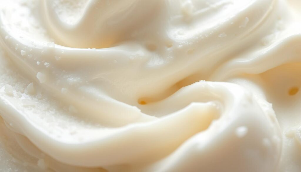 a close-up detailed photograph of a smooth, creamy Greek yogurt ice cream texture, captured with a macro lens in soft, natural lighting from the side, revealing the delicate swirls, subtle crystallization, and rich, silky mouthfeel, with a scooped-out portion exposing the dense, luscious interior, conveying a comforting, indulgent, and premium dairy-based dessert experience