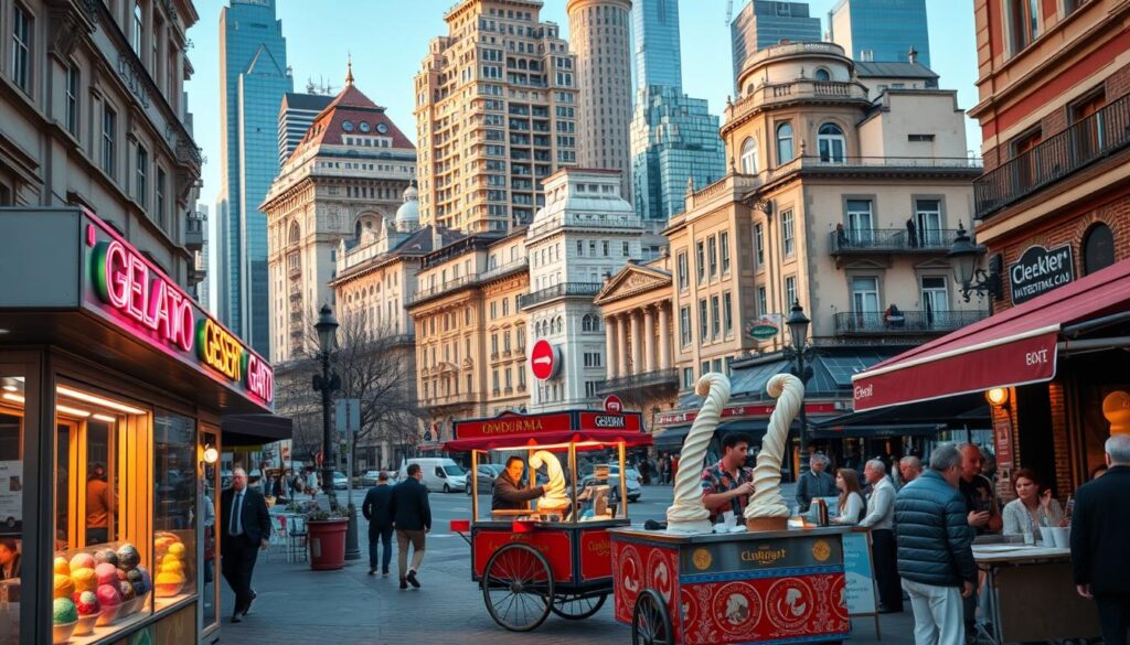 A bustling city street filled with iconic global dessert styles. In the foreground, a gelato stand with vibrant flavors, its retro-style signage glowing in the warm evening light. Across the way, a traditional Turkish dondurma cart, its thick, stretchy ice cream being skillfully twirled by a vendor in colorful local attire. In the middle ground, a sidewalk café serving up decadent pastries and espresso, its al fresco seating dotted with well-dressed patrons. In the background, a blend of architectural styles - ornate European buildings, sleek modern skyscrapers, and traditional Eastern structures - creating a visually captivating, multicultural cityscape. The scene is bathed in a soft, golden hour glow, conveying a sense of global culinary delight and cultural exchange.
