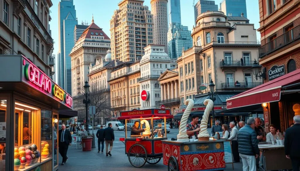 A bustling city street filled with iconic global dessert styles. In the foreground, a gelato stand with vibrant flavors, its retro-style signage glowing in the warm evening light. Across the way, a traditional Turkish dondurma cart, its thick, stretchy ice cream being skillfully twirled by a vendor in colorful local attire. In the middle ground, a sidewalk café serving up decadent pastries and espresso, its al fresco seating dotted with well-dressed patrons. In the background, a blend of architectural styles - ornate European buildings, sleek modern skyscrapers, and traditional Eastern structures - creating a visually captivating, multicultural cityscape. The scene is bathed in a soft, golden hour glow, conveying a sense of global culinary delight and cultural exchange. A bustling city street filled with iconic global dessert styles. In the foreground, a gelato stand with vibrant flavors, its retro-style signage glowing in the warm evening light. Across the way, a traditional Turkish dondurma cart, its thick, stretchy ice cream being skillfully twirled by a vendor in colorful local attire. In the middle ground, a sidewalk café serving up decadent pastries and espresso, its al fresco seating dotted with well-dressed patrons. In the background, a blend of architectural styles - ornate European buildings, sleek modern skyscrapers, and traditional Eastern structures - creating a visually captivating, multicultural cityscape. The scene is bathed in a soft, golden hour glow, conveying a sense of global culinary delight and cultural exchange.