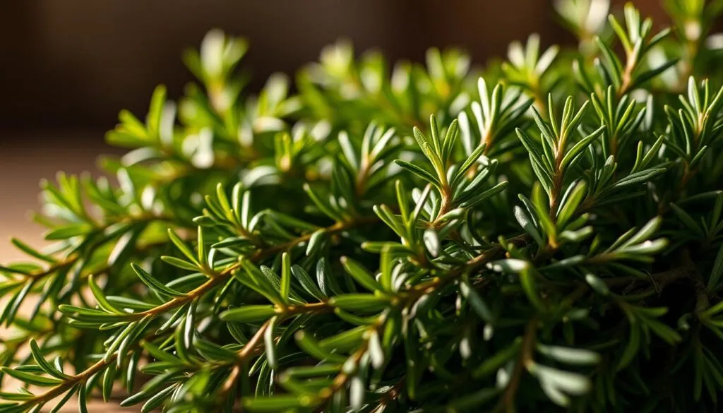 A close-up photograph of freshly harvested rosemary sprigs, their vibrant green leaves glistening under soft, warm lighting. The sprigs are arranged in the foreground, filling the frame with their lush, fragrant foliage. The background is slightly blurred, creating a sense of depth and focus on the rosemary. The lighting is gentle, accentuating the natural beauty and texture of the leaves. The overall composition is simple and elegant, showcasing the intricate details and the rich, earthy tones of the rosemary.